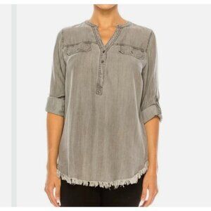Hester & Orehard Tencel Button Split Neck Fringe Top Gray Size M